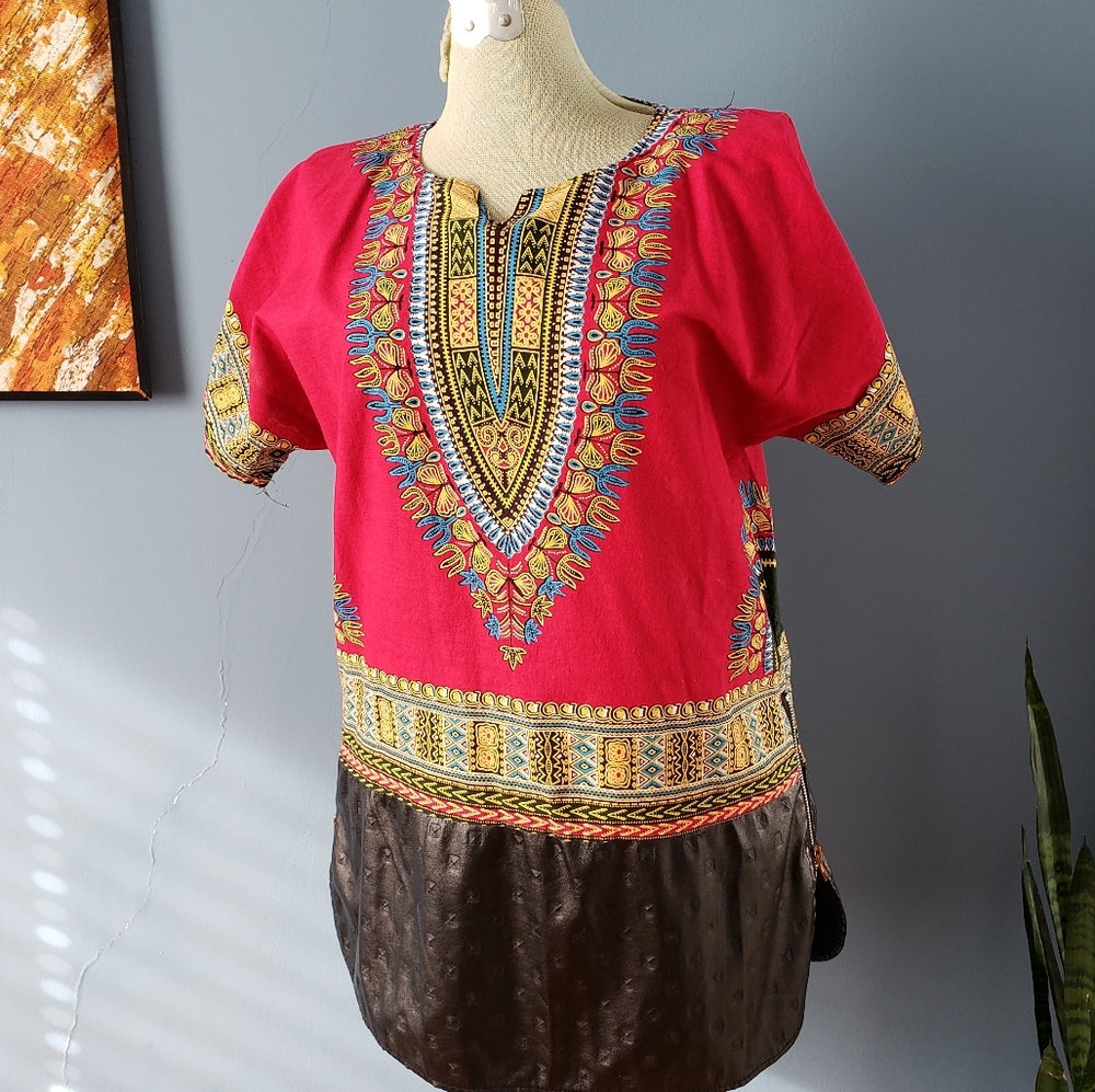 Leather patchwork dashiki top
